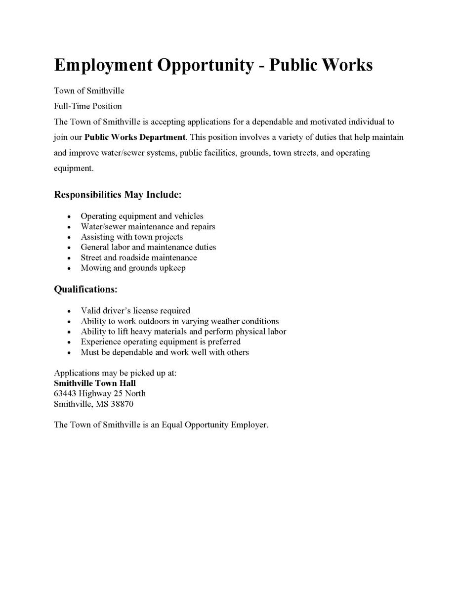 Employment Opportunity Public Works Department Contact Smithville Town Hall 662-651-4411